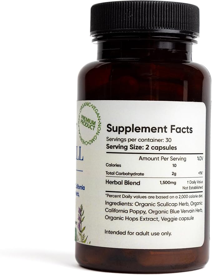 Organic Sleep Well Capsules - Calming and Relaxing Herbal Supplement - Sleep Aid - 60 Vegan Capsules - scullcap, California Poppy, Blue Vervain, Hops Extract - 1,500 mg