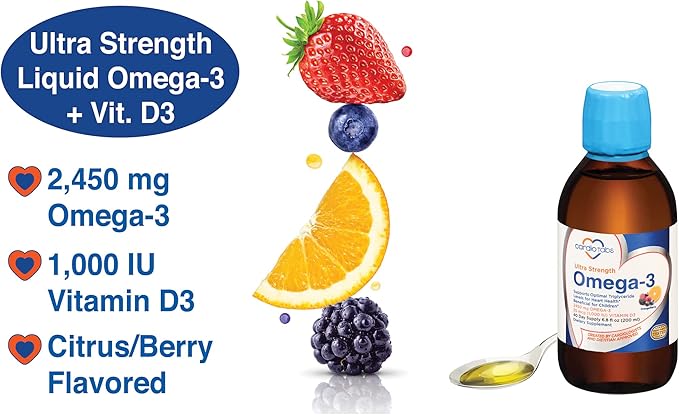 Ultra Strength Liquid Omega-3 + Vitamin D3, Fish Oil Supplements 4,500mg Omega-3 Marine Oil from Fish Oil and Calamarine, 2,130mg DHA and EPA, + 1,000 IU of Vitamin D3-6.8 fl oz