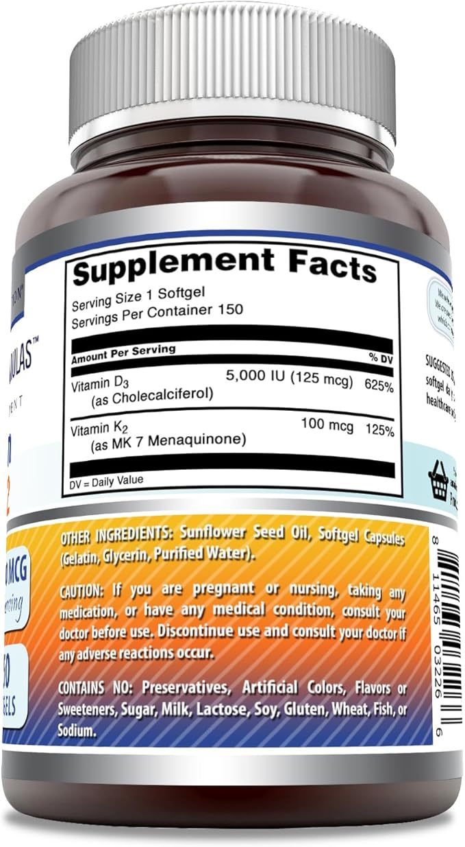 Amazing Formulas Vitamin D3 5000 IU with Vitamin K2 100 Mcg | D3 + K2 Complex Supplement | Softgels | Non-GMO | Gluten-Free | Made in USA (150 Count | Unflavored)