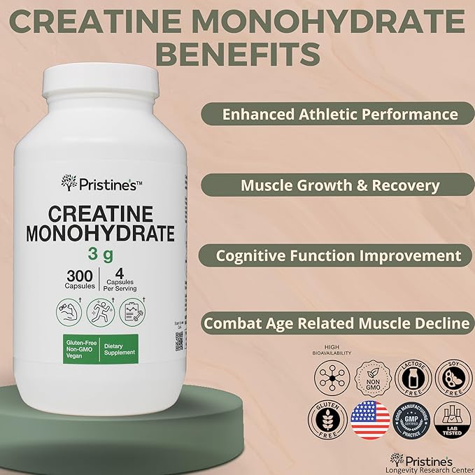PRISTINE'S Creatine Monohydrate Capsules for Women & Men - No Bloat 75 Day Supply 3G Muscle Growth Support Supplement - Cognitive & Athletic Performance Support - Enhanced Recovery