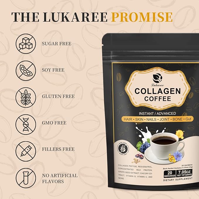 Instant Collagen Coffee with Vitamin C, B7, B9, Collagen Peptide Powder with Reseratrol, Carnosine for Hair Skin Nails Bones