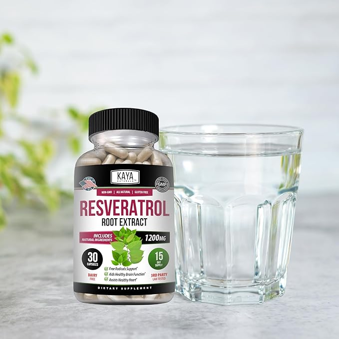 Kaya Naturals - Resveratrol Capsules - Anti Aging Supplement - Antioxidants with Brain Support - Maximum Benefits - 30 Veggies Capsules