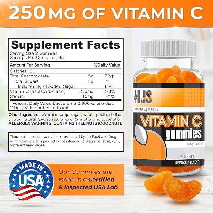 Vitamin C Gummies | Chewable Orange Flavored | Immune Support | Heart Health | Gluten-Free & Vegetarian | Vitamin C Gummies for Adults & Kids- 90 Count