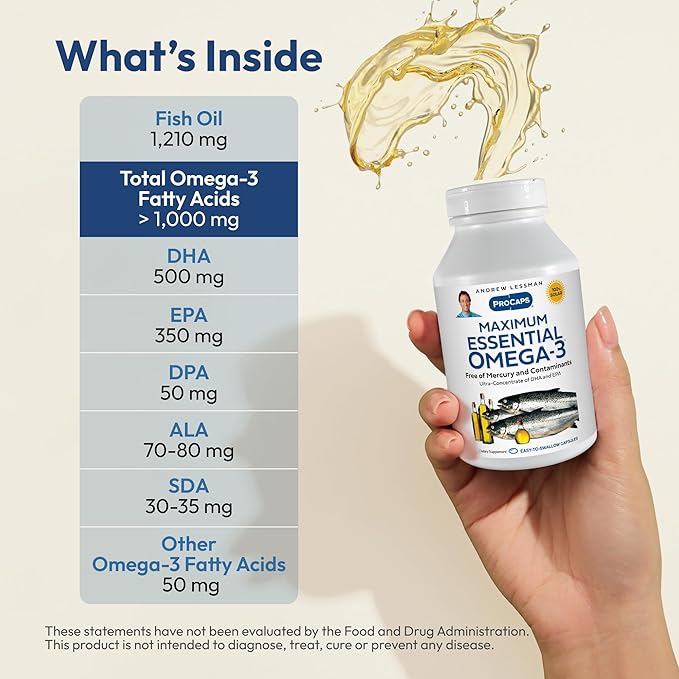ANDREW LESSMAN Maximum Essential Omega-3 Unflavored, 180 Softgels - Ultra-Pure Omega-3 Fish Oil 1200 mg-High DHA, No Mercury Fish Oil Omega 3 Supplement-Small, Easy to Swallow Fish Oil Capsules