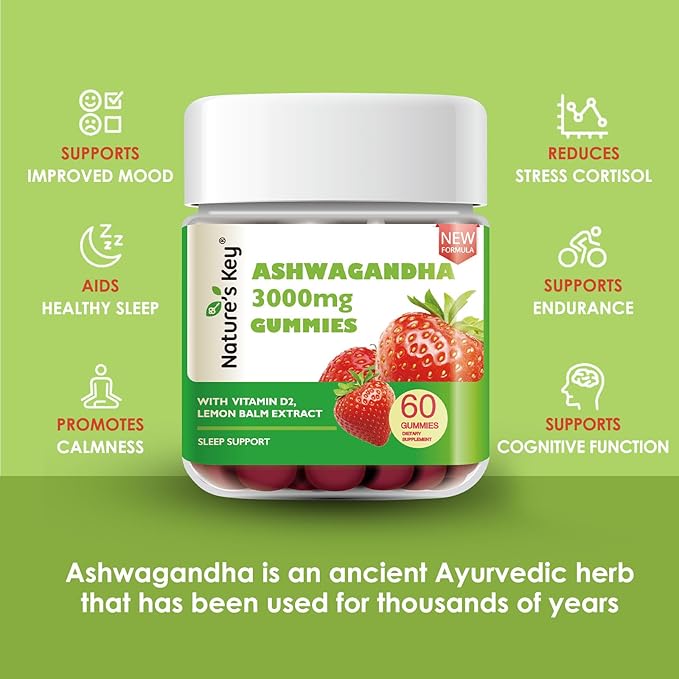 Nature's Key Upgraded 2.0 Ashwagandha Gummies, 3000mg Extra Potency Ashwagandha Supplement | with Vitamin D2, Lemon Balm, & Black Pepper ,for Stress Relief and Good Sleep (60 Count, Pack of 1)