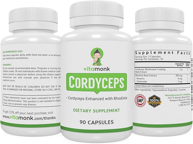 VitaMonk Cordyceps Mushroom Capsules with Rhodiola, 2 Grams of Cordyceps Mushroom Enhanced with Rhodiola - Boost Energy, Fight Stress, Enhance Performance, Non-GMO - 2000mg - 90 Caps