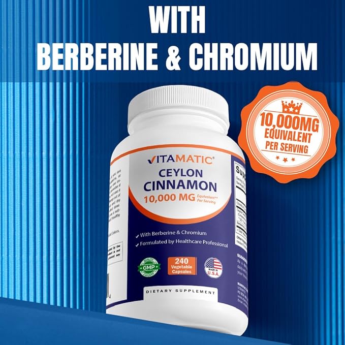 Vitamatic Ceylon Cinnamon 10000 mg Equivalent Per Serving (from 20:1 Extract 500 mg) with Berberine & Chromium - 240 Vegetable Capsules - Non-GMO & Gluten Free