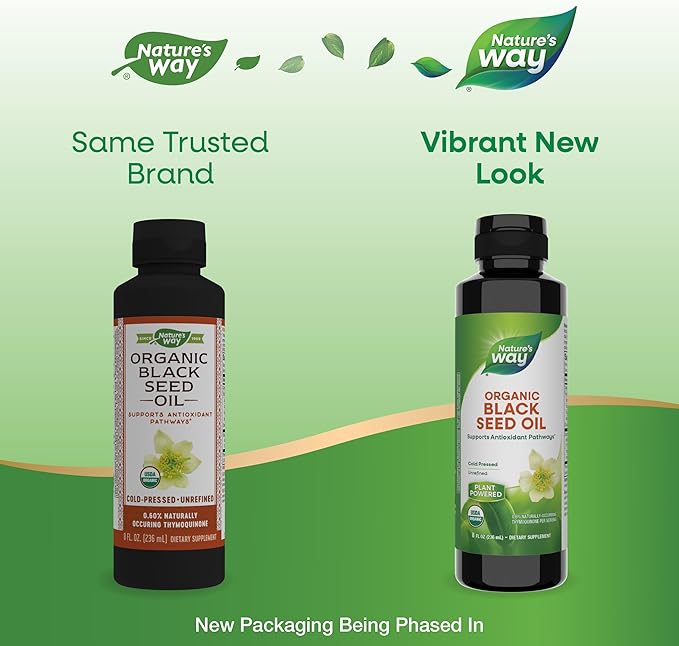 Nature's Way Organic Black Seed Oil, Supports Antioxidants Pathways*, Cold-Pressed, Vegan, Gluten Free, 8 fl oz (Packaging May Vary)