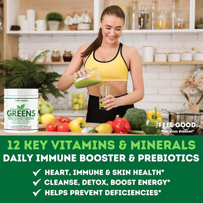 The Feel Good Super Greens Powder - Organic Green Juice, Wheat Grass No Added Sugar, Spirulina, Chlorella, Probiotics, Digestive Enzyme, Antioxidant Rich, Immunity Boost Green Superfood, 35 SVG, Daily