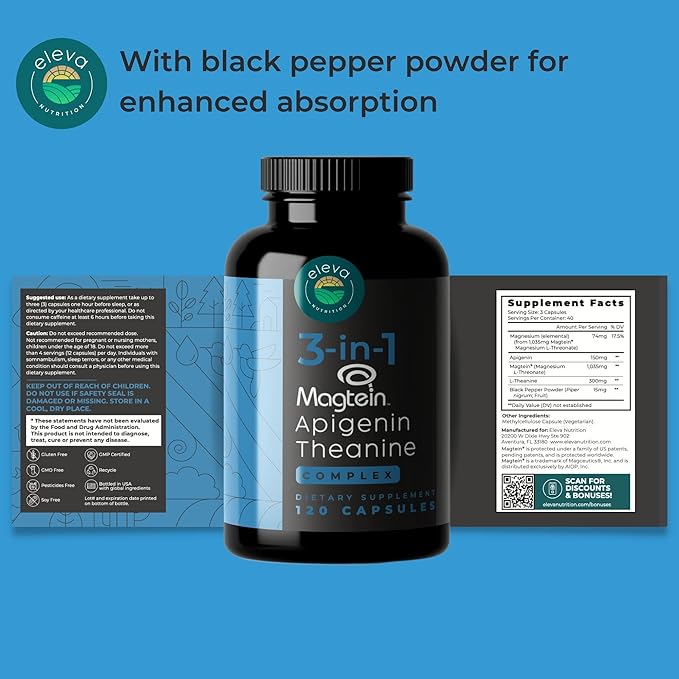 Magnesium Theanine L-Threonate Apigenin Supplement for Sleep Aid-3- in-1 Complex Supplement Support Relaxation- Melatonin-Free Magnesium- Zero Fillers- Gluten Free & Non-GMO-120 Count Veggie Capsules