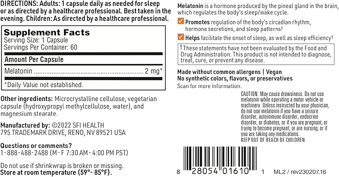 Klaire Labs Melatonin-SR - Sustained 'Time Release' Melatonin 2mg Capsules - Sleep Support for Men & Women (60 Capsules)