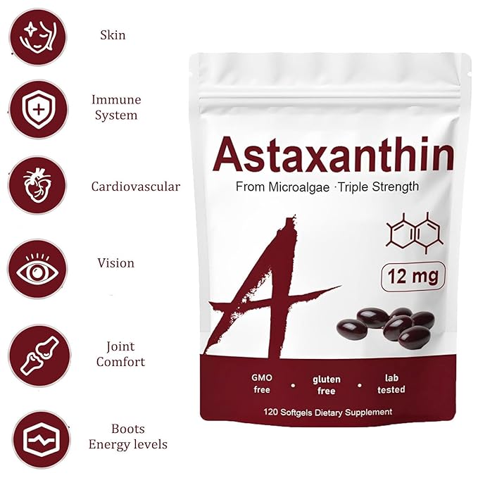 Astaxanthin 12mg, Organic Astaxanthin Antioxidant Supplements For Tanning, Skin, Eye, Joint Health, 120 Softgels
