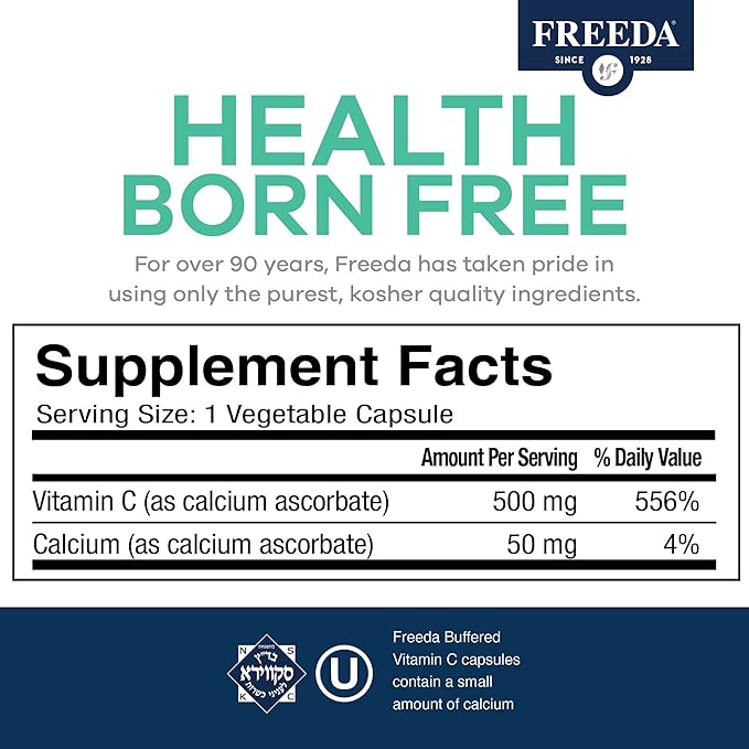 FREEDA Buffered Vitamin C 500mg – Kosher High-Potency Antioxidant & Immune Support – Gentle on The Stomach Calcium Ascorbate – 100 Capsules