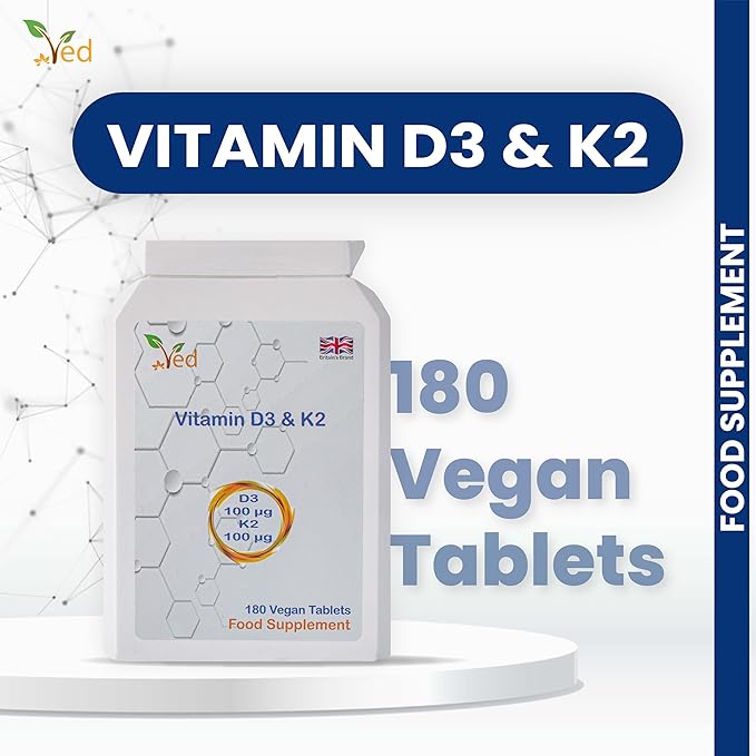 VED Vitamin D3 K2| 100 mcg Vitamin D3 & 100 mcg Vitamin K2| Max Strength 2 in 1 Immune Support | Vegan, Gluten| 180 Vegan Tablets|6 Month Supply