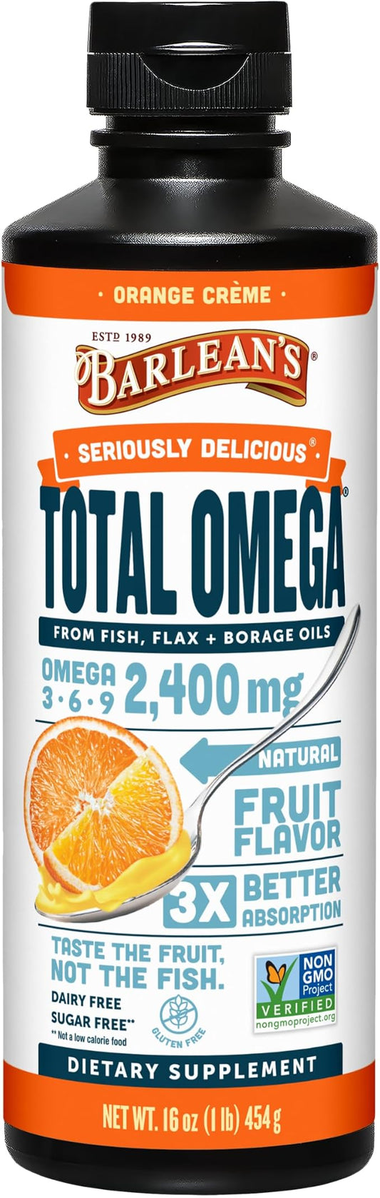 Barlean's Total Omega 3 Fish Oil Liquid Supplement, Orange Crème Flavored with Borage and Flaxseed Oils, 2,400 mg of Omegas 3 6 9 EPA and DHA Plus GLA, 16 oz
