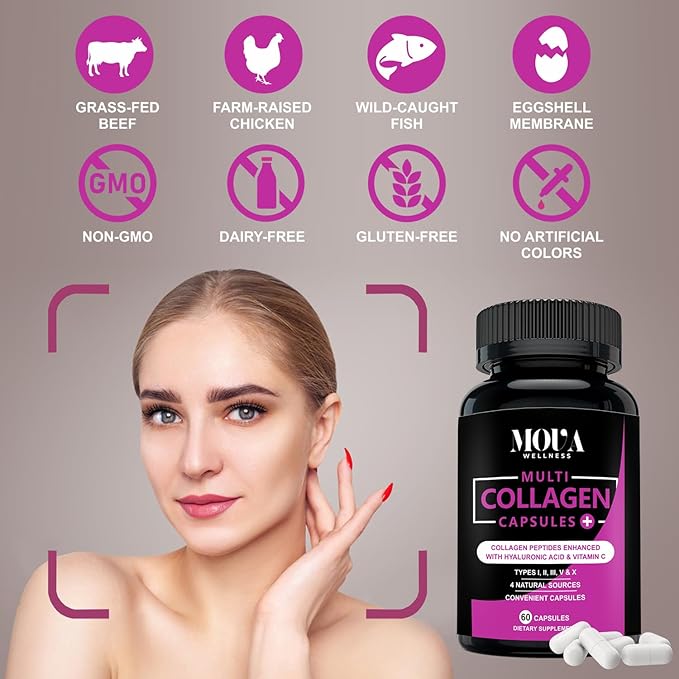 Multi Collagen Capsules with Vitamin C & Hyaluronic Acid - Types I, II, III, V & X - 60 Capsules