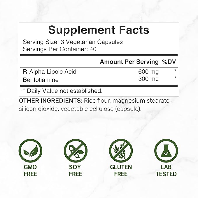 DEAL SUPPLEMENT R Alpha Lipoic Acid 600mg with Benfotiamine 300mg Per Serving, 120 Veggie Capsules – 200mg R-ALA Per Capsule – Antioxidant Supplement for Energy & Nervous System Support