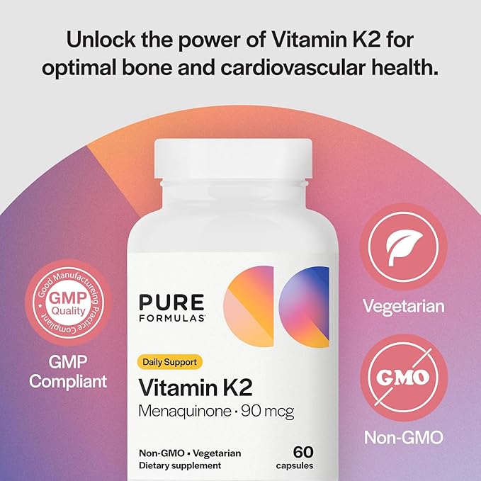 PureFormulas Vitamin K2 MK7 (Menaquinone-7)| High Potency 90mcg | 60 Vegetarian Capsules | Bone & Cardiovascular Support | Soy-Free, Non-GMO, 60 Day Supply