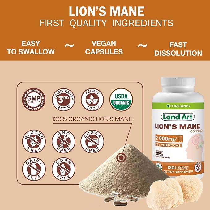 Land Art Certified Organic Lion's Mane - Cognition & Memory - 120 Days Supply - 2000mg - Cognition & Memory - Multiple Extraction - Mental Clarity - Focus