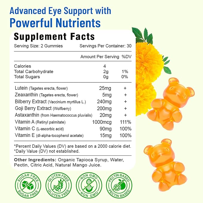 Eye Vitamins Lutein & Zeaxanthin Gummies, Sugar Free Eye Health Supplements with Bilberry, Astaxanthin - Support Blue Light, Visual Function and Macular Health - Mango Flavored, 120 Count