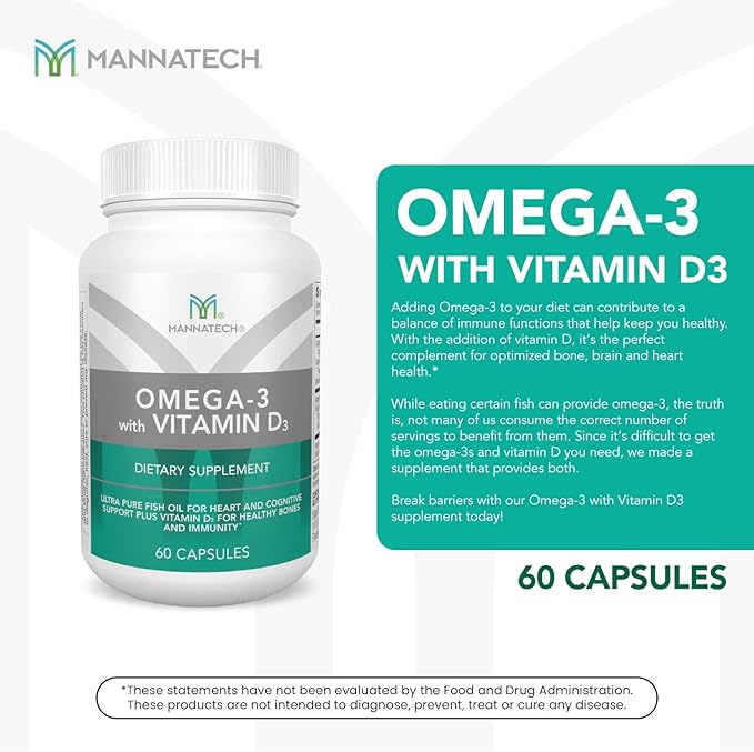 Mannatech Omega-3 with Vitamin D3 for Bone, Heart Health and Cognitive Support, Made of Pure Fish Oil