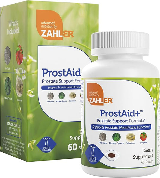 Zahler ProstAid+ Prostate Supplements for Men with Lycopene & Norway Spruce for Urine Flow, Prostate Support - Made in USA, Kosher - Prostate Health Supplements for Men (60 Vegetarian Softgels)