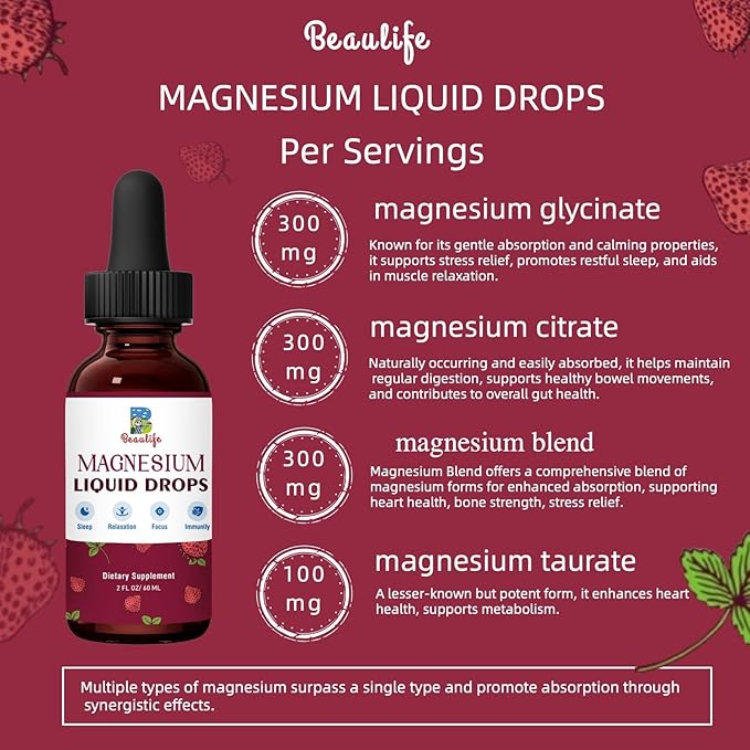 Magnesium Liquid Drop, 1000mg Magnesium Supplement,with Magnesium Glycinate & Citrate, Strawberry Flavor, Calm Mood, Sleep ,Relaxation, Immune, Heart for Adults and Kids