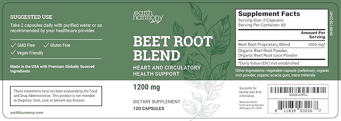 Organic Beet Root Capsules 1200 mg - Beet Root Powder & Juice Blend Supplement for High Blood Pressure and Circulation, Blood Flow Supplement for Men and Women - 120 Capsules