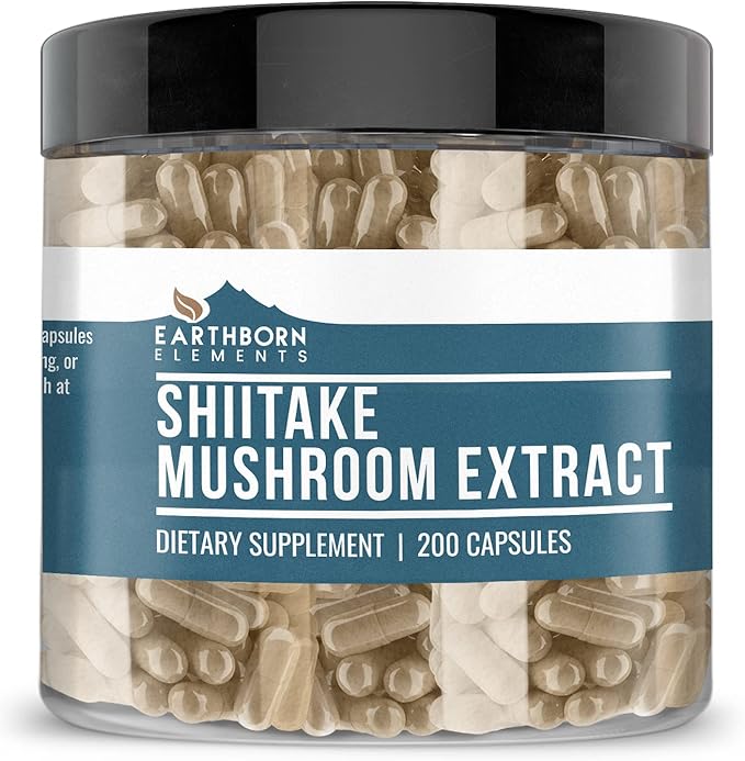 Earthborn Elements Shiitake Mushroom Extract 200 Capsules, Pure & Undiluted, No Additives