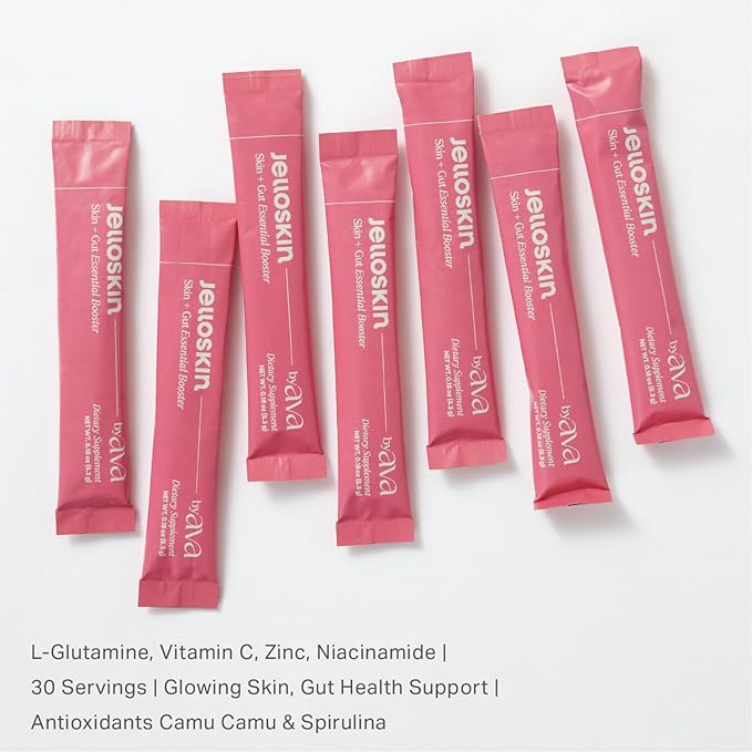 Jelloskin Skin + Gut Essential Prebiotic Booster Powder | L-Glutamine 1500mg, Vitamin C, Zinc, Niacinamide | 30 Servings | Glowing Skin, Gut Health Support | Antioxidants Camu Camu & Spirulina