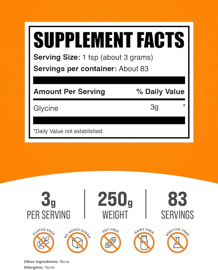 BulkSupplements.com Glycine Powder - Glycine Supplements, Amino Acid Supplement - Unflavored & Gluten Free, 3g per Serving, 250g (8.8 oz) (Pack of 1)