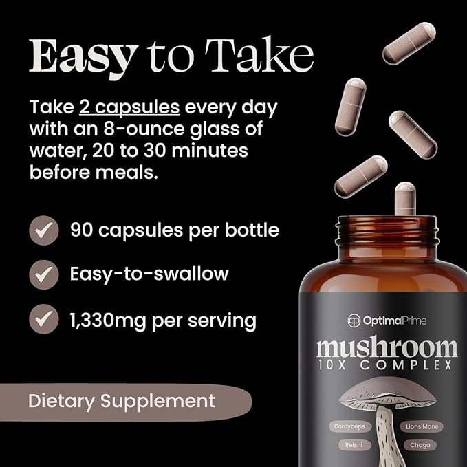 Optimal Prime 10x Mushroom Complex Supplement - Lions Mane, Cordyceps, Turkey Tail for Immunity, Energy, Mood, Focus - Natural Health Booster, 90 Caps