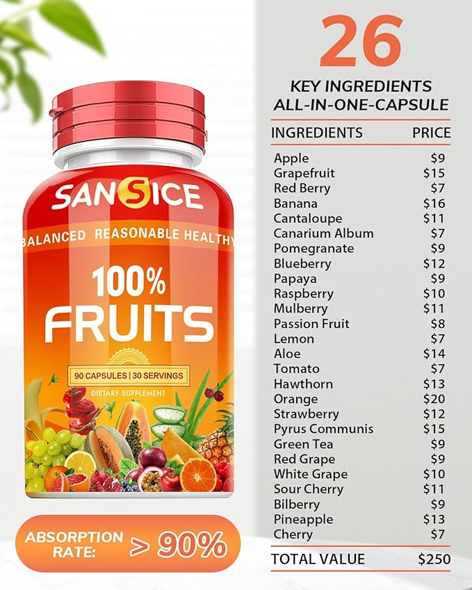 Fruits and Veggies Supplement, Natural Fruit and Vegetable Vitamins Soy Free & Non-GMO Vegetable and Fruit Supplements for Women Men and Kids - 90 Fruit Capsules, 90 Veggie Capsules