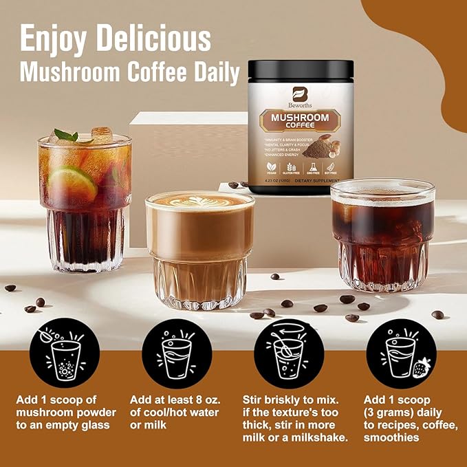 Mushroom Coffee - Lions Mane Mushroom Powder Instant Coffee with Lion's Mane, Reishi, Chaga, Cordyceps, and Turkey Tail - Mushroom Coffee Alternative for Energy, Mental Clarity & Focus, Brain Booster
