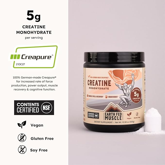 Earth Fed Muscle Transcend Creatine Monohydrate - 100% German Creapure, Muscle Recovery, Muscle Building, Cellular Energy Production - Gluten Free, Soy Free - Unflavored 5g per Serving, 60 Servings