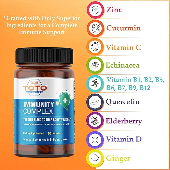 Immunity Support Booster with Vitamin C, D, Elderberry, Echinacea, Zinc, Quercetin, Curcumin, Ginger, B Vitamins Supplement, Vegan, Gluten Free, No Gelatin