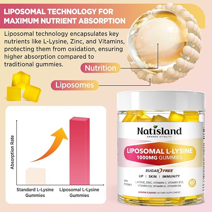 Liposomal L-Lysine Gummies 1000mg, Lysine Chewable Supplements for Kids & Adults, Lysine with Zinc & Vitamins, Lips & Oral Health, Immune Support, Sugar-Free, Lemon Flavor, 60 Ct