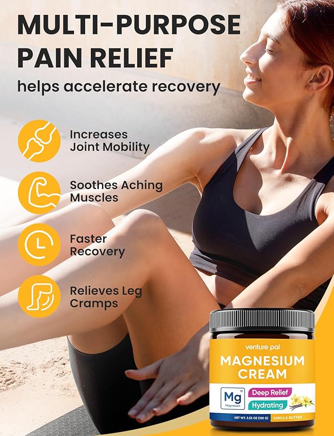 Venture Pal Magnesium Lotion, Topical Magnesium Cream for Sleep, Leg Cramps & Pain, Muscle Relaxation, Calm, Moisturizing Supplement with Coconut Oil, Shea Butter & Hyaluronic Acid, Safe for Kids