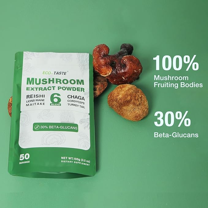 ECO-TASTE 6 Blend Mushroom Powder with 30% Beta-D-Glucan, Lions Mane, Reishi, Cordyceps, Chaga, Turkey Tail, Maitake, Fruiting Body Extract, 100 Grams