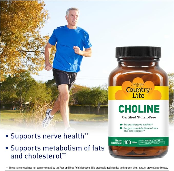 Country Life Choline 266mg, Certified Gluten Free, Certified Vegan, Certified Halal - 100 Tablets