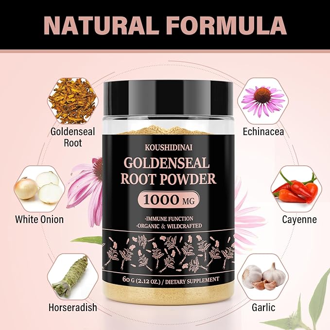 Goldenseal Root Powder Organic Supplement 1000 mg, Goldenseal Powder Supplement with Echinacea & Goldenseal for Immune & Gut Health, Pure & Natural(60 servings per bottle)