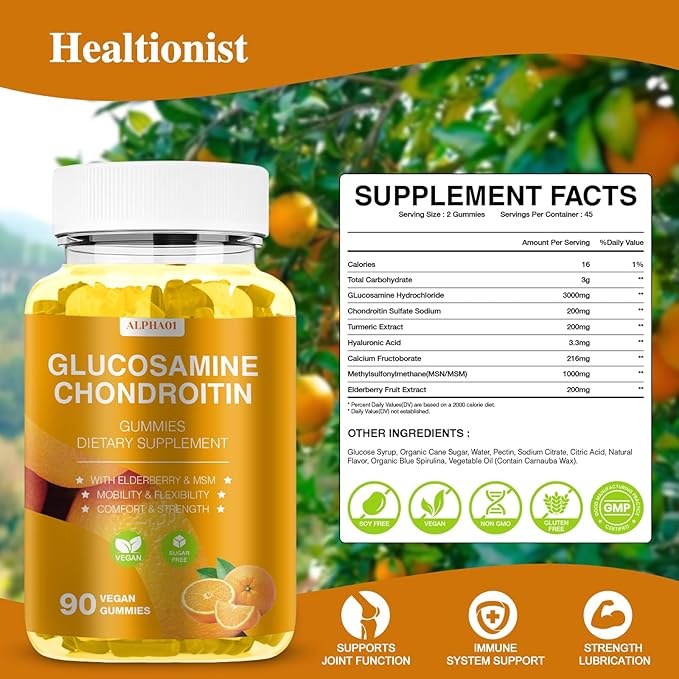 Glucosamine Chondroitin Gummies - 3000MG Extra Strength Joint Support Supplement with MSM & Elderberry, Flexibility, Antioxidant Immune Support Gummy for Adults, Men & Women - 90 Orange Gummies