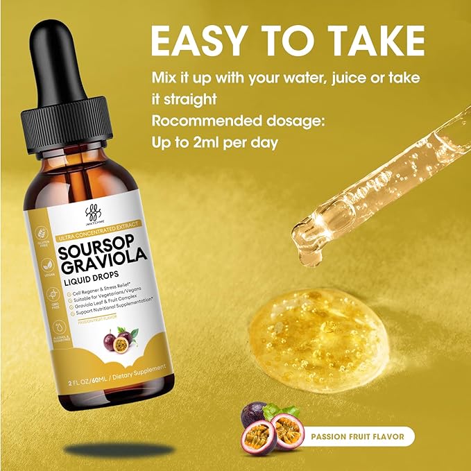 Premium Soursop Graviola for Digestion, Support Healthy Skin & Sleep, Soursop Extract Liquid Drop from Graviola Leaf and Fruit, Sugar/Caffeine/Gluten Free, Passion Fruit Flavor, 2 Fl Oz