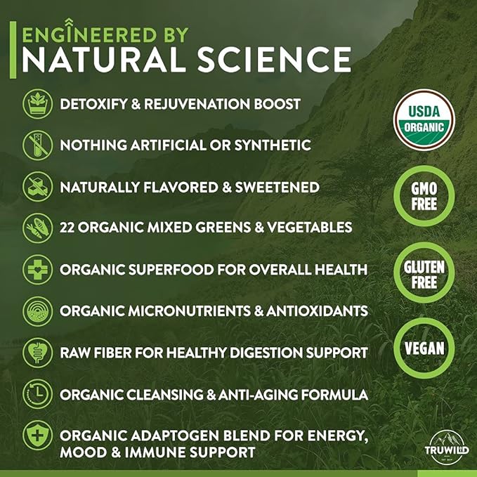 TruWild Greens Superfood Juice Powder, with 22+ Greens & Anti-Oxidants, Natural Immune, Stress, Digestion Support Powder, 90 Servings, 3 Pack