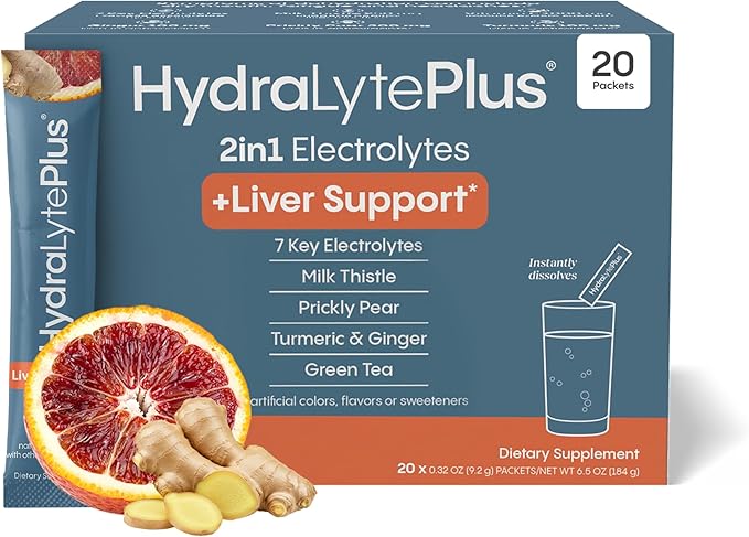Hydralyte Liver Support + Electrolyte Mix with Milk Thistle, Turmeric, Ginger, Prickly Pear, Green Tea Extract Formulated for Rapid Rehydration (Blood Orange Ginger, 20 Packets)