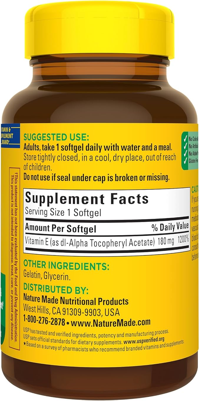 Nature Made Vitamin E 180 mg (400 IU) dl-Alpha, Dietary Supplement for Antioxidant Support, 180 Softgels, 180 Day Supply