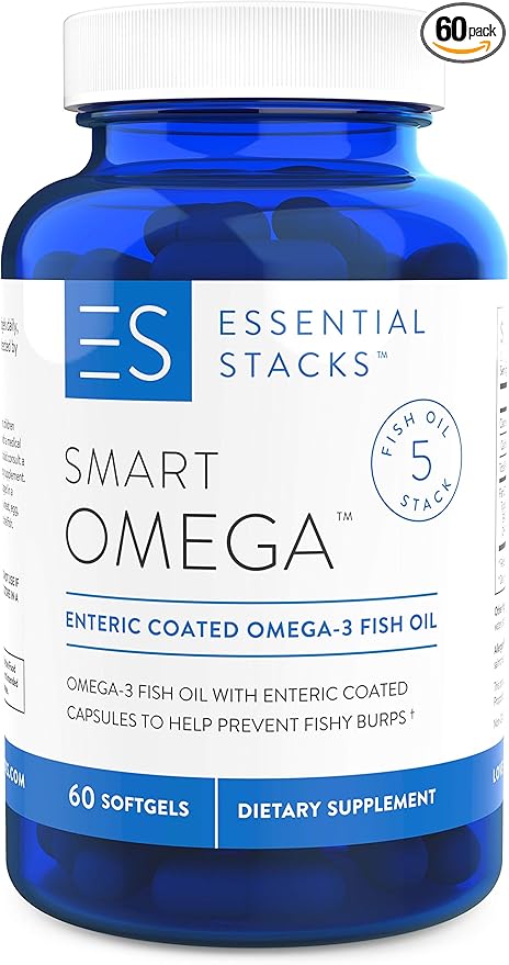 Essential Stacks Smart Omega 3 - Burpless Fish Oil - 1400mg EPA DHA Per Serving, Enteric Coated (60 Capsules)