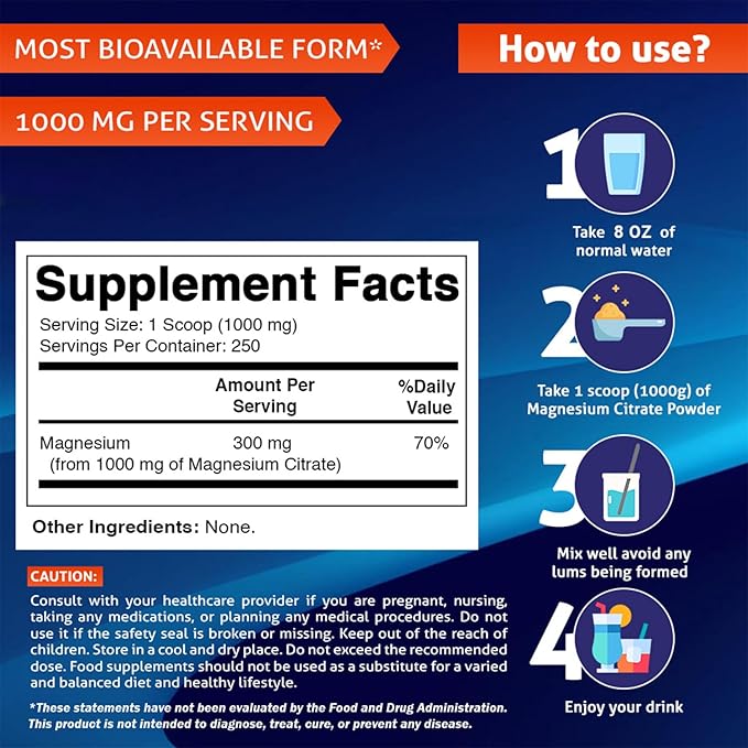 Vitamatic Magnesium Citrate 1000mg per Serving Supports Muscle, Joint, and Heart Health 250 Grams - 250 Servings