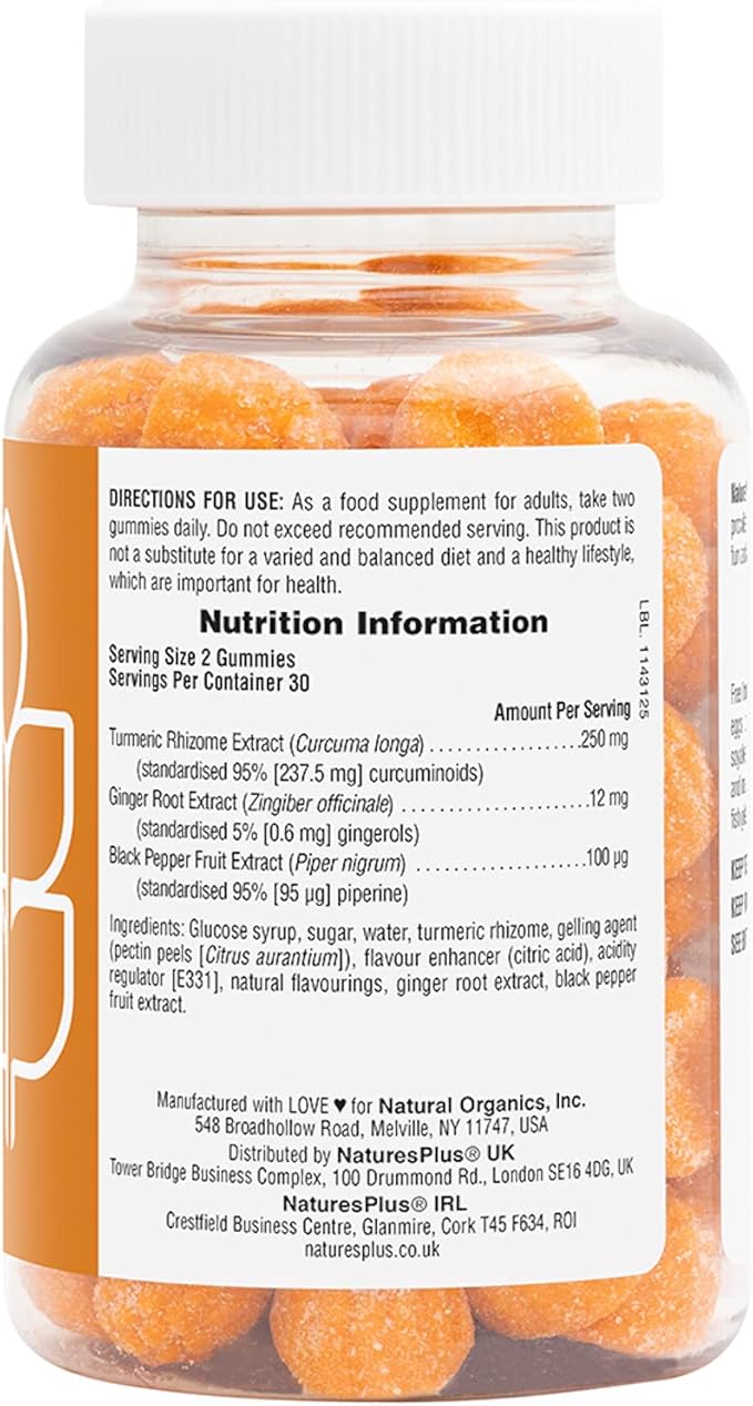 Natures Plus Gummies Turmeric Curcumin - 60 Gummies, Peach - Supports Joint, Digestive & Cardiovascular Health - Vegan, Gluten Free, Non-GMO - 30 Servings