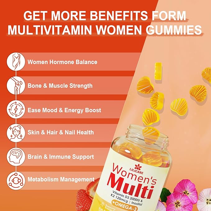 Womens Multivitamin Gummy with Omega 3(DHA/EPA), Vitamin D3 K2, Calcium, Inositol, Daily Womens Vitamin A C E B Complex, L-MethylFolate, Methyl B12,Sugar Free Methylated Multivitamins Minerals, 120Cts